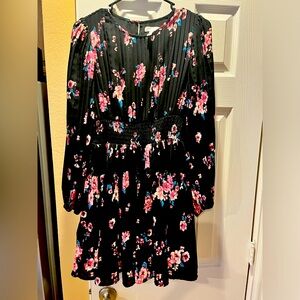 Black floral long sleeve dress; approx. knee-length (I’m 5’4”)